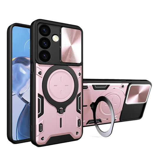 For Samsung Galaxy M34 5G Kickstand Case Slide Camera Lid TPU+PC Hybrid Phone Cover - Pink