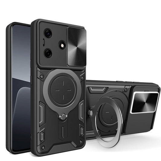 For TECNO Spark 10 4G / 10C 4G Case TPU+PC Phone Cover with Kickstand, Slide Lens Window - Black