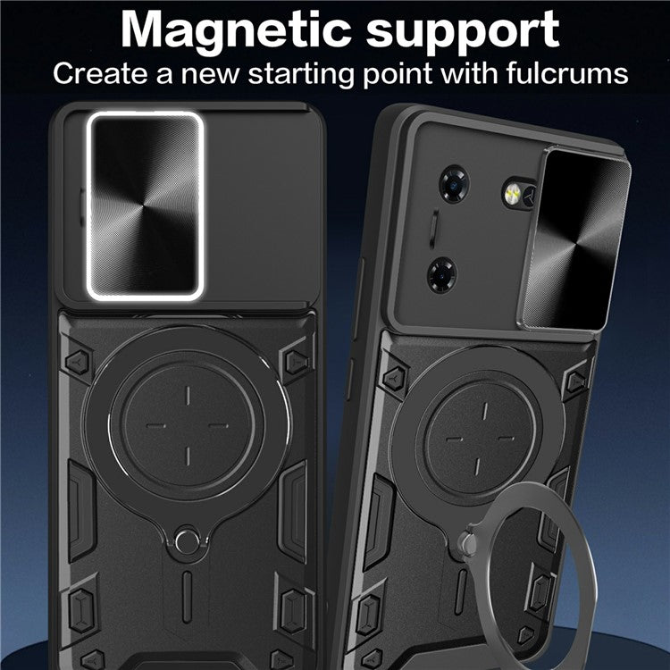 For TECNO Pova 5G Case Slide Camera Lid TPU+PC Phone Cover with Kickstand - Black