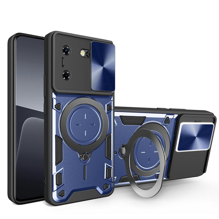 For TECNO Pova 5G Case Slide Camera Lid TPU+PC Phone Cover with Kickstand - Blue