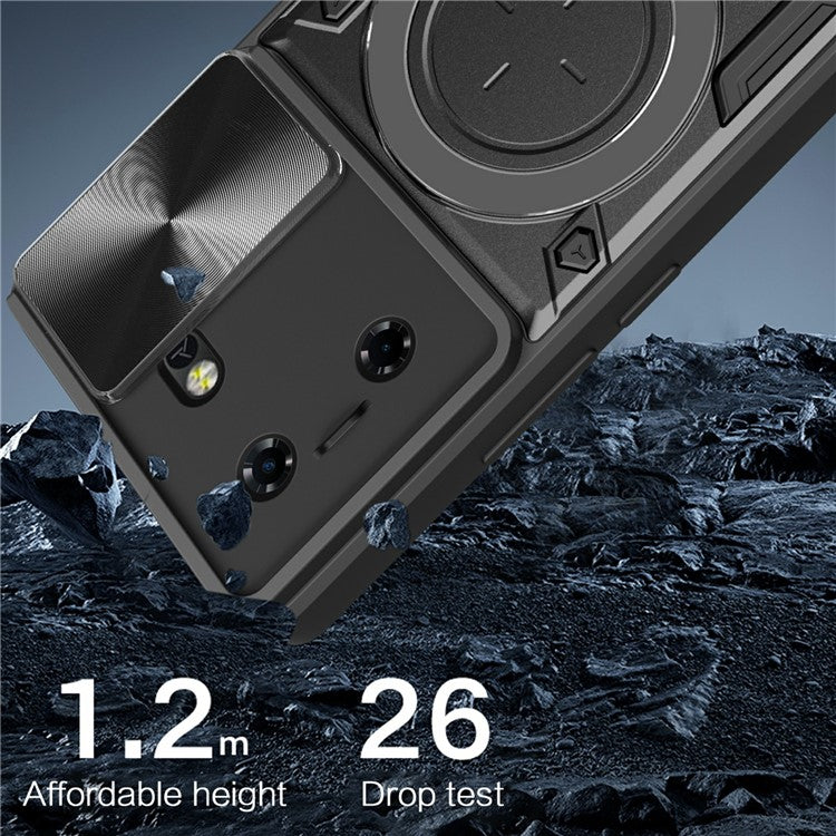 For TECNO Pova 5G Case Slide Camera Lid TPU+PC Phone Cover with Kickstand - Blue