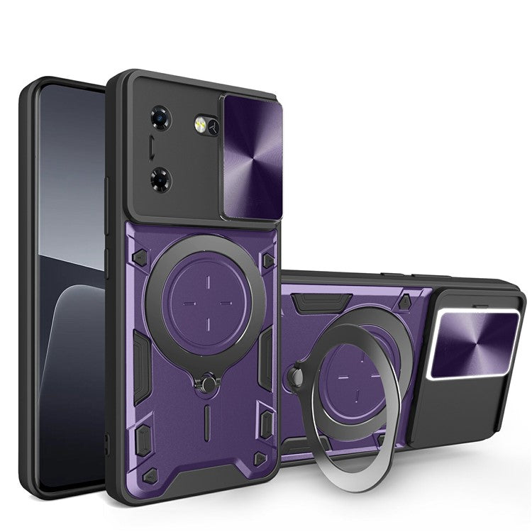For TECNO Pova 5G Case Slide Camera Lid TPU+PC Phone Cover with Kickstand - Purple
