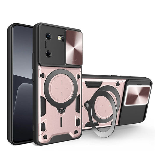 For TECNO Pova 5G Case Slide Camera Lid TPU+PC Phone Cover with Kickstand - Pink