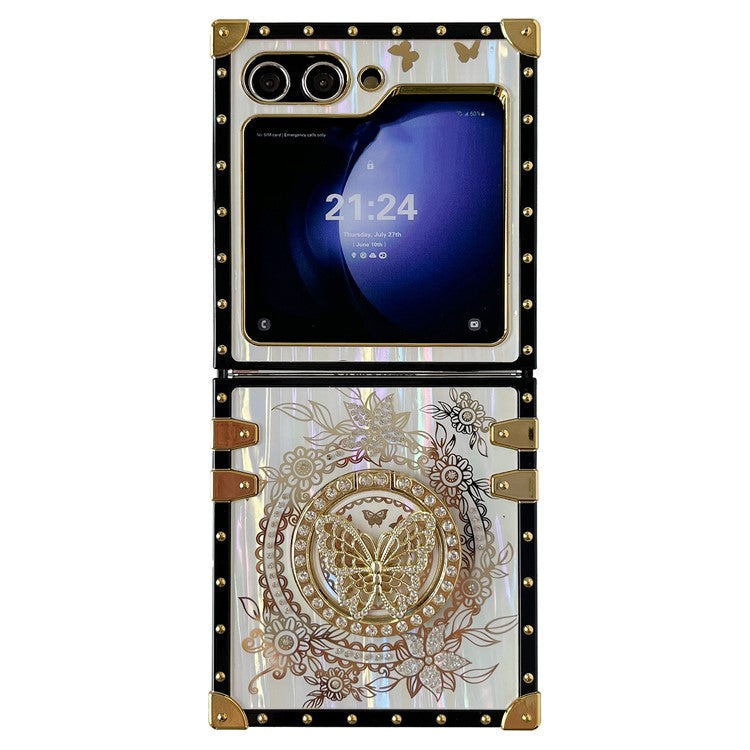 For Samsung Galaxy Z Flip5 5G Case Butterfly Decor Kickstand TPU+PC Electroplating Phone Cover - White