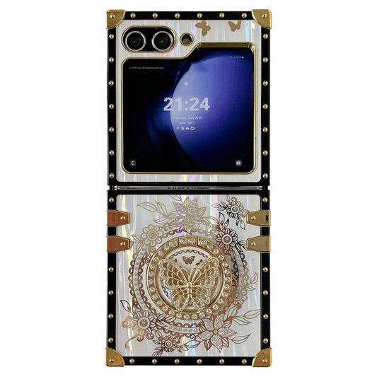 For Samsung Galaxy Z Flip5 5G Case Butterfly Decor Kickstand TPU+PC Electroplating Phone Cover - White