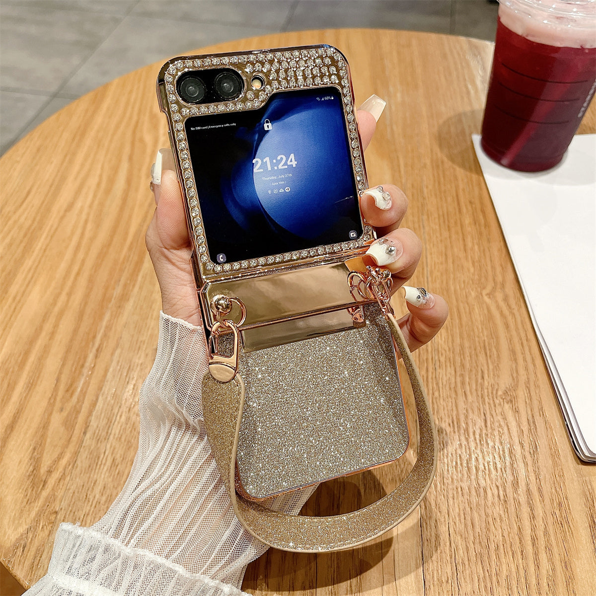 For Samsung Galaxy Z Flip5 5G / Z Flip6 5G Case Hinge Protection Hard PC Glitter Phone Cover with Wrist Strap - Gold / Rhinestone Decor