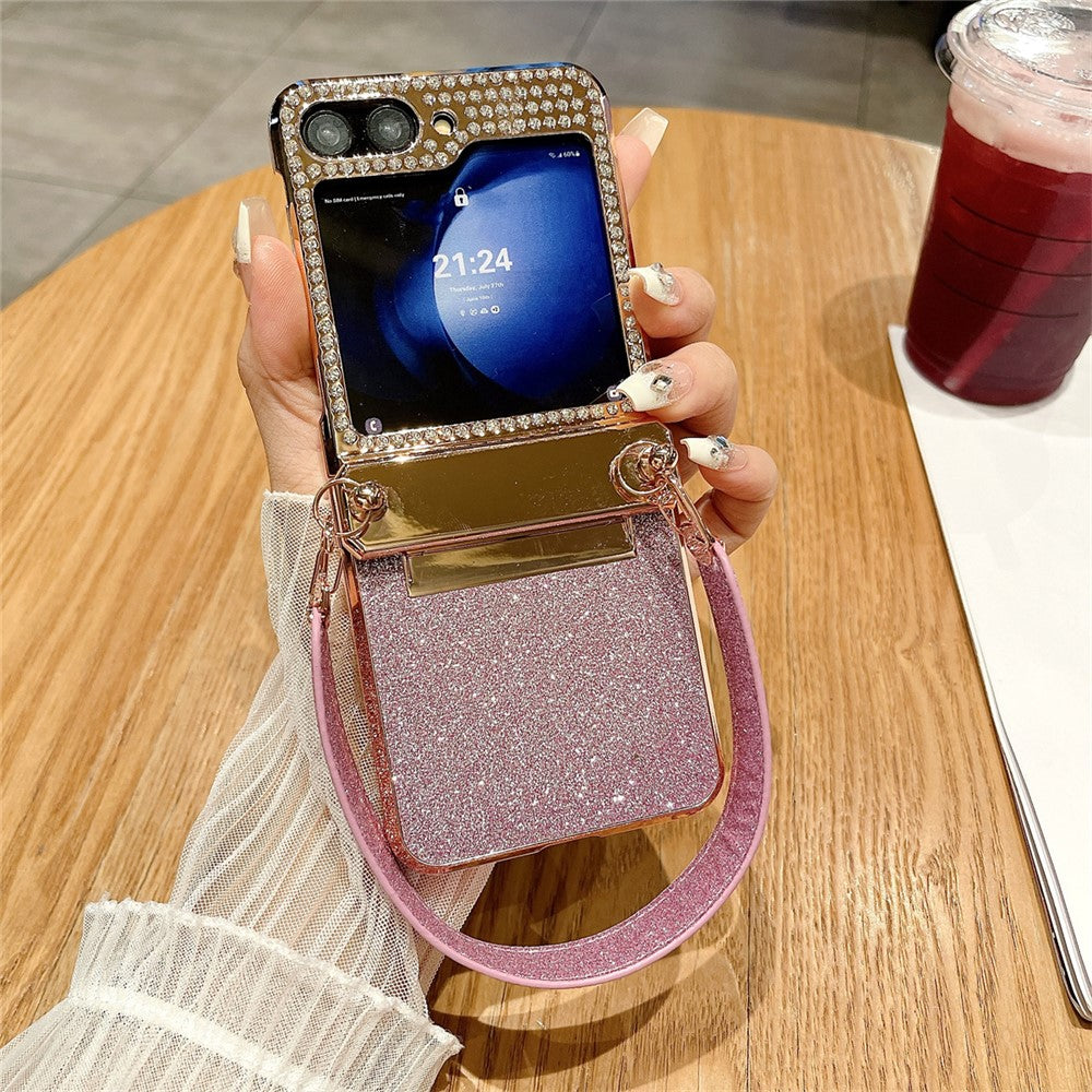 For Samsung Galaxy Z Flip7 FE 5G / Z Flip6 5G / Z Flip5 5 Case Hinge Protection Hard PC Glitter Phone Cover with Wrist Strap - Pink / Rhinestone Decor