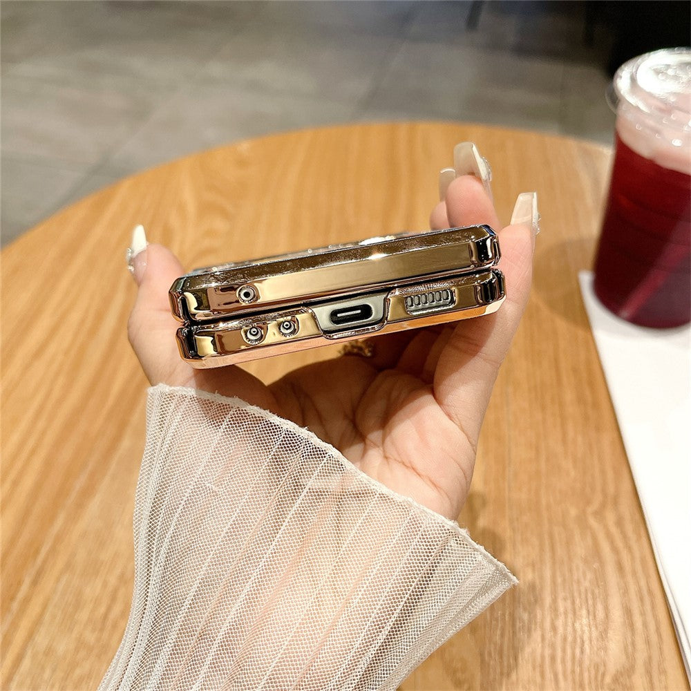 For Samsung Galaxy Z Flip7 FE 5G / Z Flip6 5G / Z Flip5 5 Case Hinge Protection Hard PC Glitter Phone Cover with Wrist Strap - Pink / Rhinestone Decor
