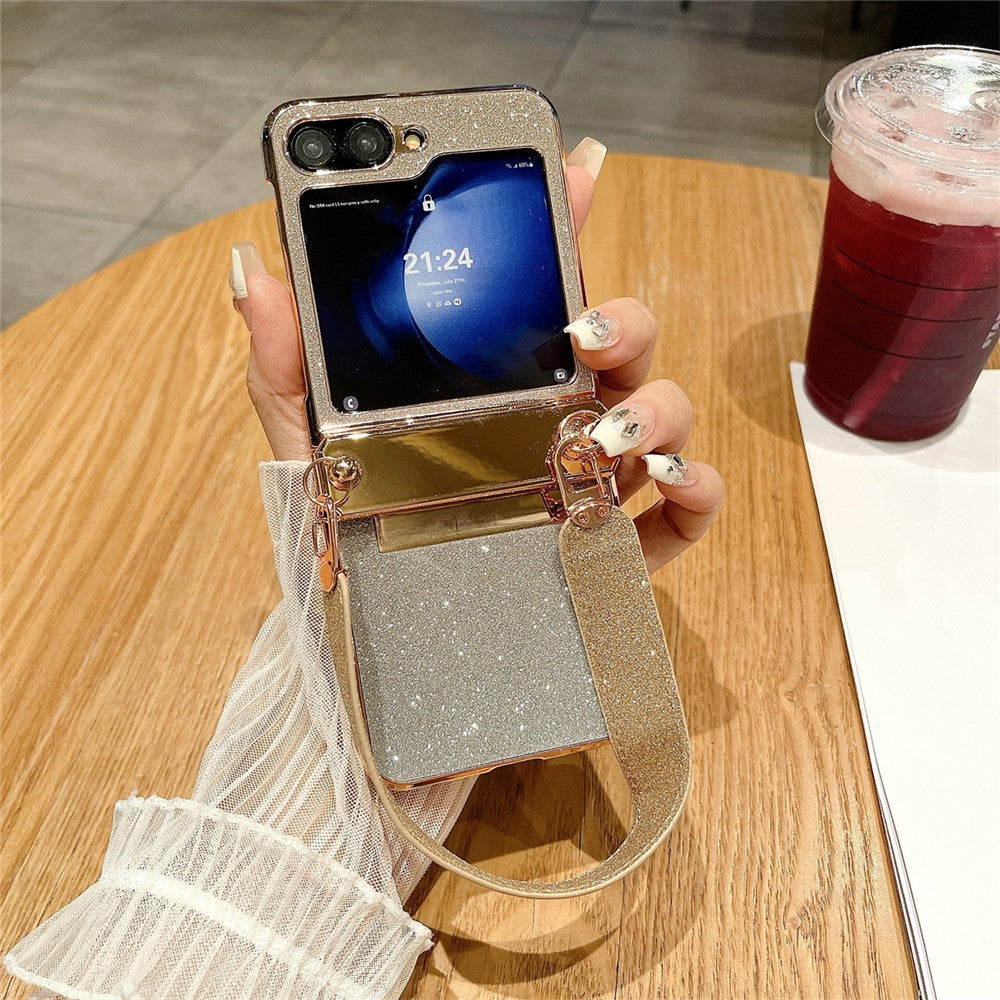 For Samsung Galaxy Z Flip7 FE 5G / Z Flip6 5G / Z Flip5 5G Case Hinge Protection Hard PC Glitter Phone Cover with Wrist Strap - Gold