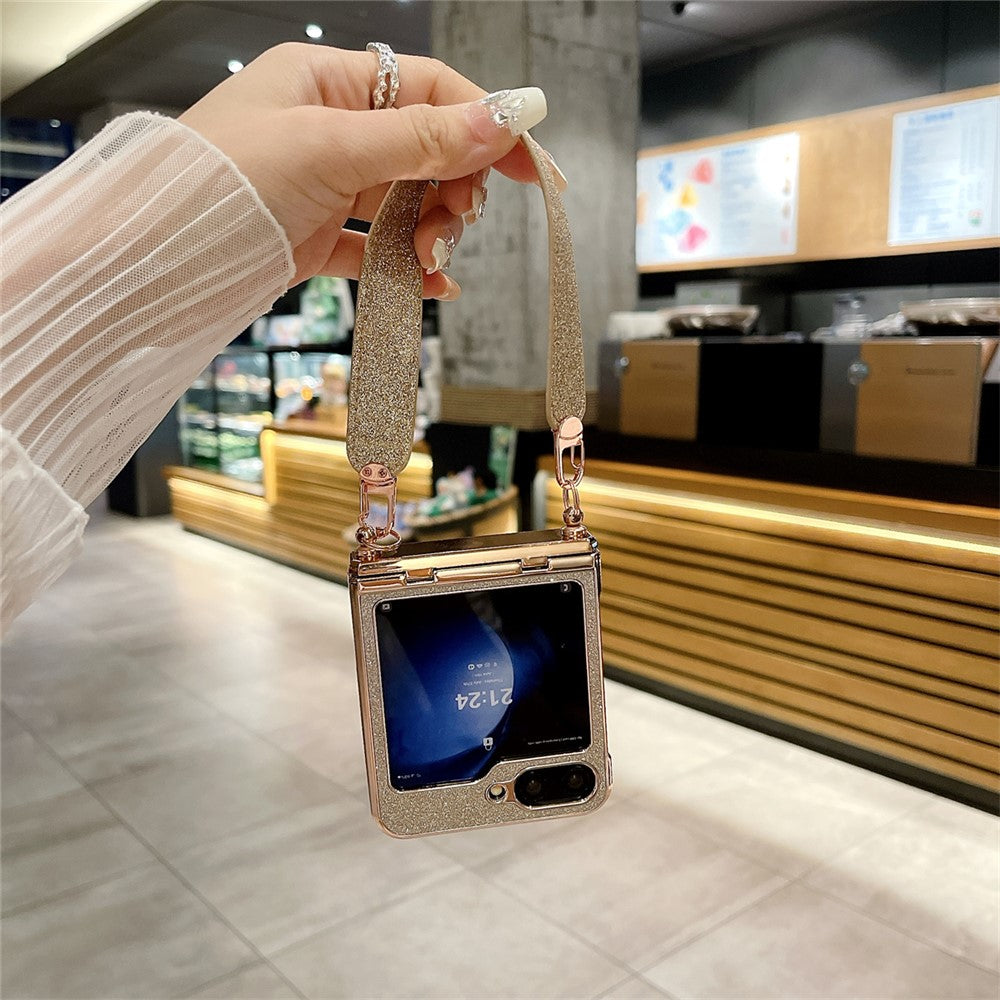 For Samsung Galaxy Z Flip7 FE 5G / Z Flip6 5G / Z Flip5 5G Case Hinge Protection Hard PC Glitter Phone Cover with Wrist Strap - Gold