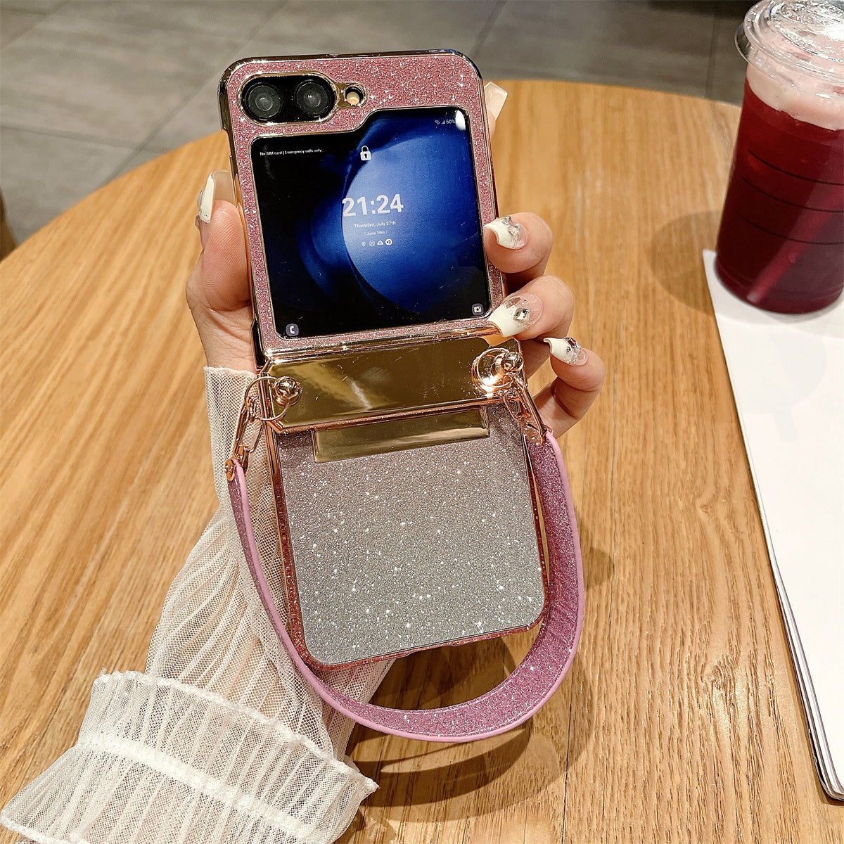 For Samsung Galaxy Z Flip5 5G / Z Flip6 5G Case Hinge Protection Hard PC Glitter Phone Cover with Wrist Strap - Pink