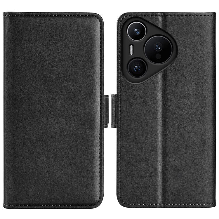 For Huawei Pura 70 Case Leather Folio Wallet Dual Magnetic Clasp Shock Absorbing Phone Cover - Black