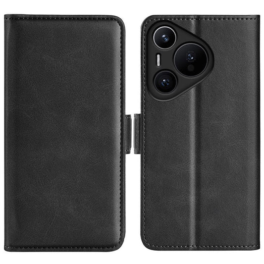 For Huawei Pura 70 Case Leather Folio Wallet Dual Magnetic Clasp Shock Absorbing Phone Cover - Black
