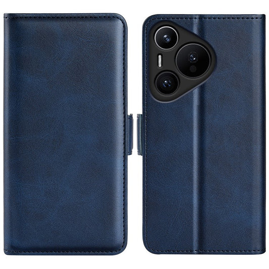 For Huawei Pura 70 Case Leather Folio Wallet Dual Magnetic Clasp Shock Absorbing Phone Cover - Blue