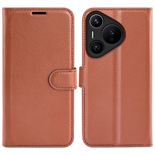 For Huawei Pura 70 Wallet Case with Card Holder Litchi Texture Leather Phone Cover - Brown