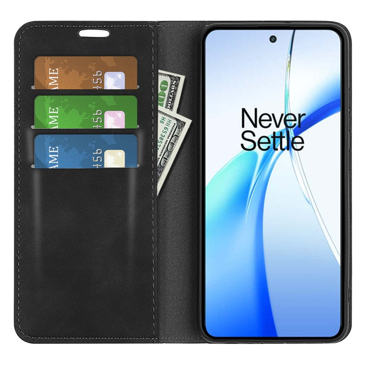 For OnePlus Ace 3V 5G Case Skin-Friendly Card Slots Magnetic Flip Leather Phone Cover - Black