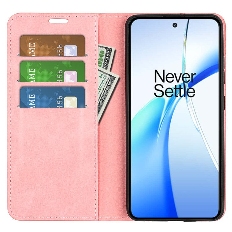 For OnePlus Ace 3V 5G Case Skin-Friendly Card Slots Magnetic Flip Leather Phone Cover - Pink