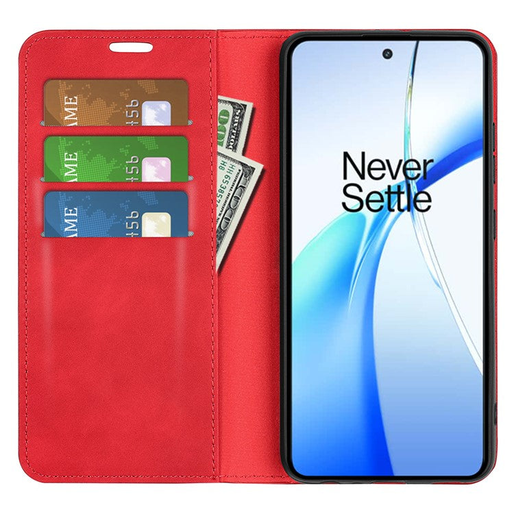 For OnePlus Ace 3V 5G Case Skin-Friendly Card Slots Magnetic Flip Leather Phone Cover - Red