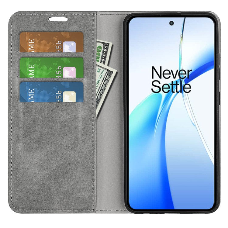 For OnePlus Ace 3V 5G Case Skin-Friendly Card Slots Magnetic Flip Leather Phone Cover - Grey