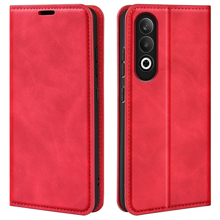 For OnePlus Nord CE4 5G / Oppo K12 Case Skin-Touch Card Slots Leather Flip Phone Cover - Red