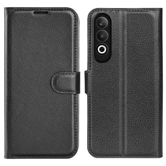 For OnePlus Nord CE4 5G / Oppo K12 Case Litchi Grain Leather Folio Flip Phone Cover - Black