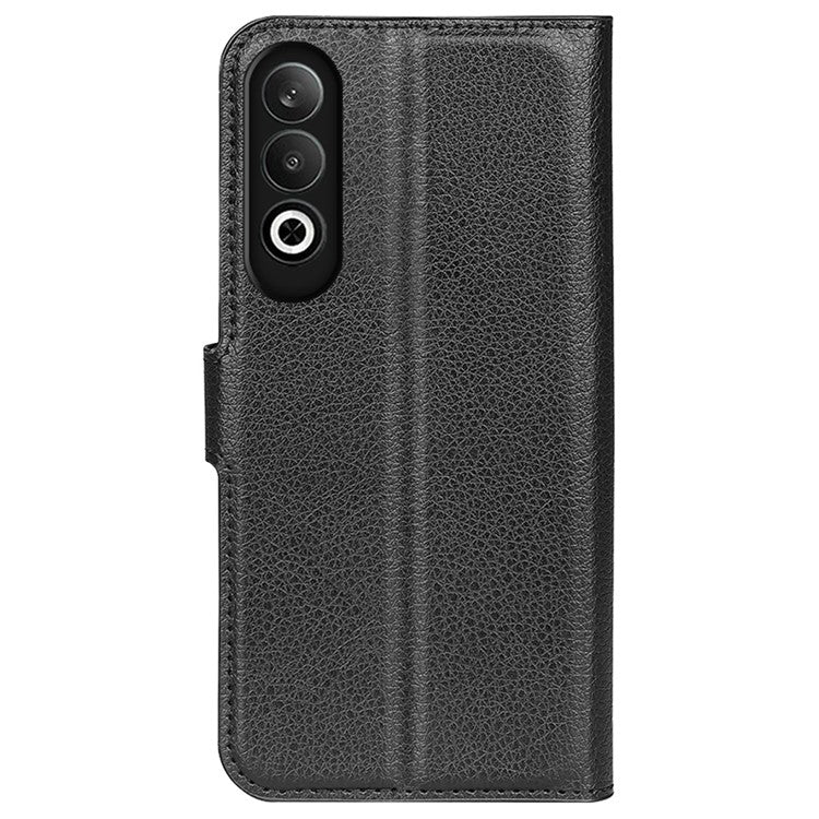 For OnePlus Nord CE4 5G / Oppo K12 Case Litchi Grain Leather Folio Flip Phone Cover - Black