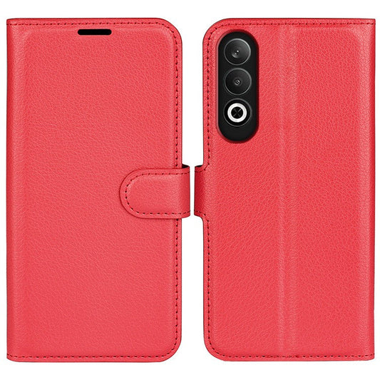 For OnePlus Nord CE4 5G / Oppo K12 Case Litchi Grain Leather Folio Flip Phone Cover - Red