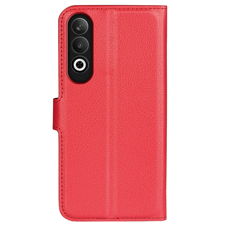 For OnePlus Nord CE4 5G / Oppo K12 Case Litchi Grain Leather Folio Flip Phone Cover - Red