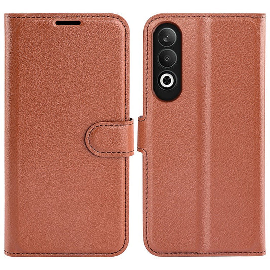 For OnePlus Nord CE4 5G / Oppo K12 Case Litchi Grain Leather Folio Flip Phone Cover - Brown