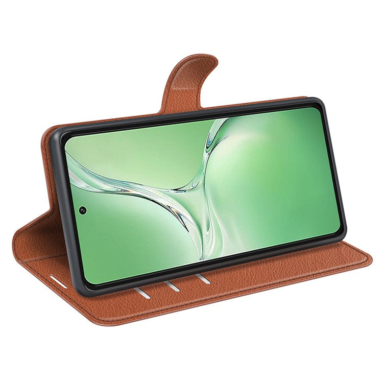 For OnePlus Nord CE4 5G / Oppo K12 Case Litchi Grain Leather Folio Flip Phone Cover - Brown