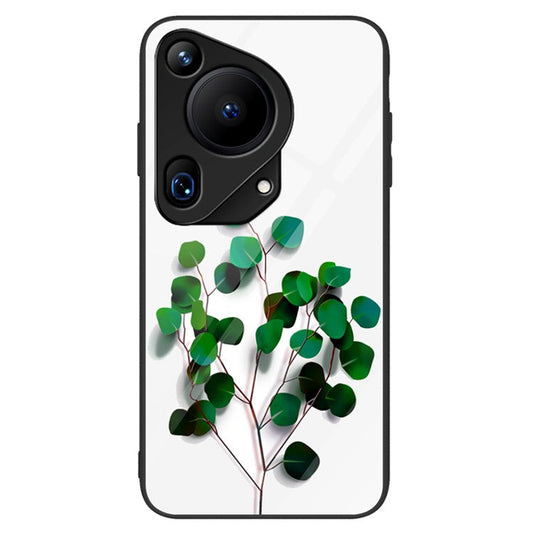 For Huawei Pura 70 Ultra Case Pattern Print Tempered Glass +PC+TPU Phone Cover - Green Leaves