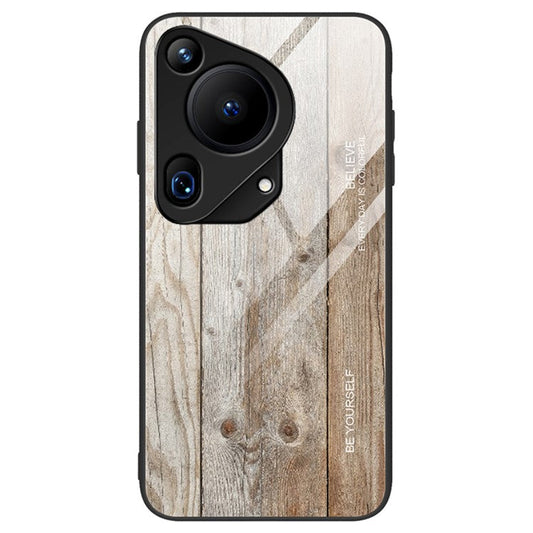 For Huawei Pura 70 Ultra Case Tempered Glass + TPU Wood Texture Phone Cover - Grey