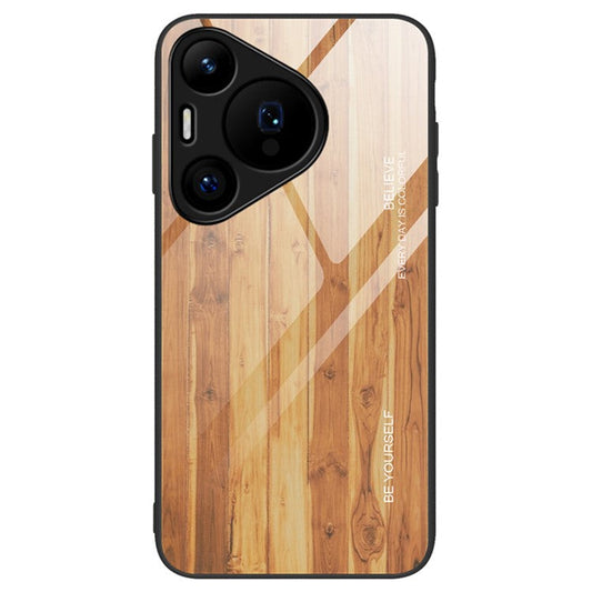 For Huawei Pura 70 Phone Case TPU Frame Tempered Glass Back Cover Wood Texture - Brown