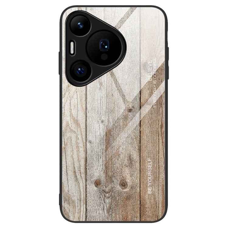 For Huawei Pura 70 Phone Case TPU Frame Tempered Glass Back Cover Wood Texture - Grey