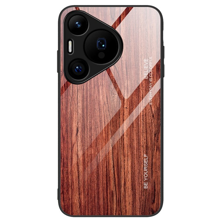 For Huawei Pura 70 Phone Case TPU Frame Tempered Glass Back Cover Wood Texture - Wine Red