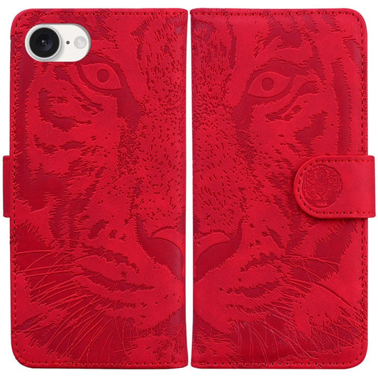 For iPhone 16e Case Wallet Style Tiger Pattern PU Leather Phone Cover - Red