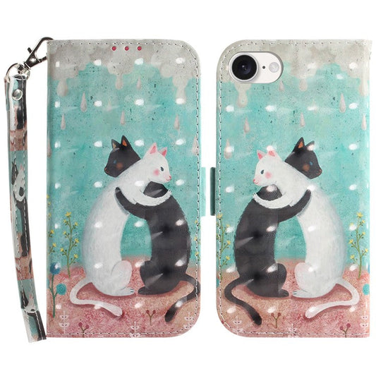 For iPhone 16e Case PU Leather Stand Card Holder Phone Cover 3D Creative Pattern - Two Cats