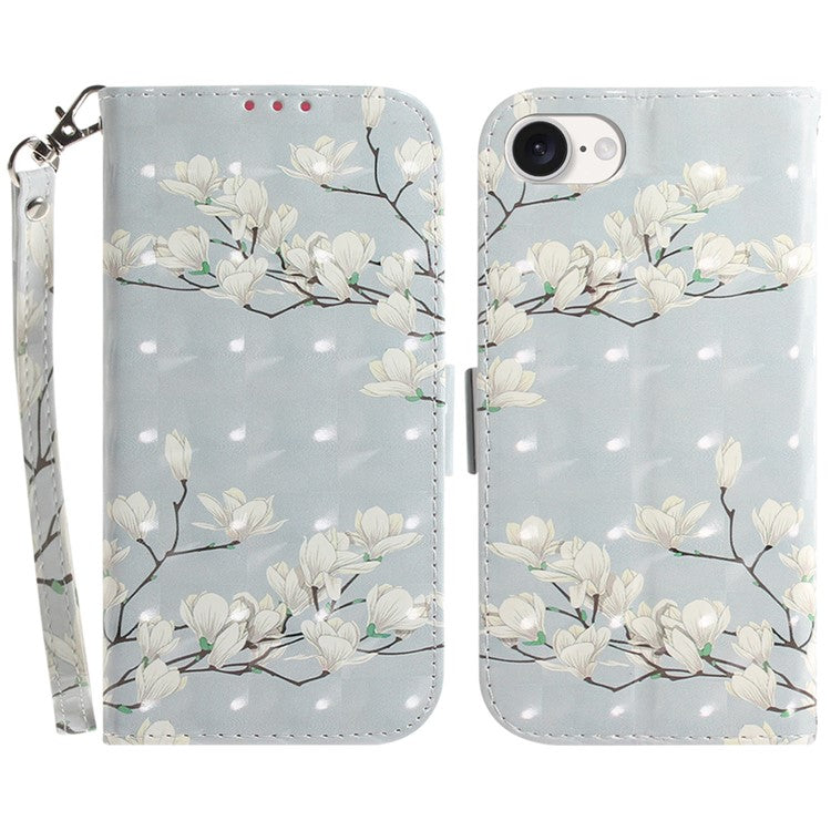 For iPhone 16e Case PU Leather Stand Card Holder Phone Cover 3D Creative Pattern - Magnolia