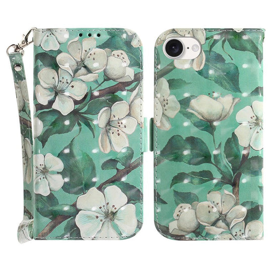 For iPhone 16e Case PU Leather Stand Card Holder Phone Cover 3D Creative Pattern - Watercolor Flowers