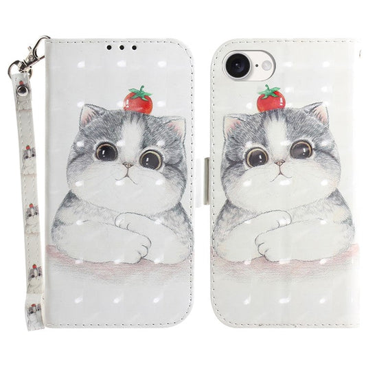 For iPhone 16e Case PU Leather Stand Card Holder Phone Cover 3D Creative Pattern - Cute Cat