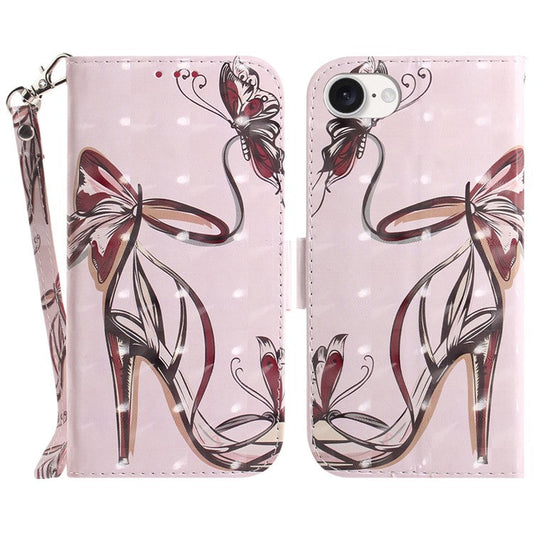 For iPhone 16e Case PU Leather Stand Card Holder Phone Cover 3D Creative Pattern - Butterfly High Heels