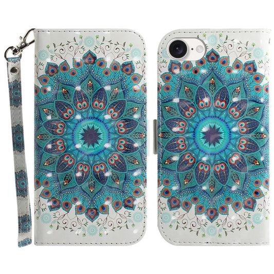 For iPhone 16e Case PU Leather Stand Card Holder Phone Cover 3D Creative Pattern - Peacock Wreath