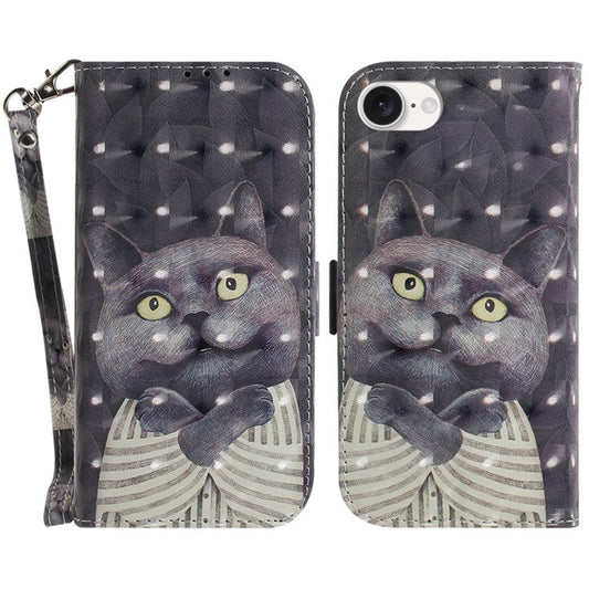 For iPhone 16e Case PU Leather Stand Card Holder Phone Cover 3D Creative Pattern - Embracing Cat