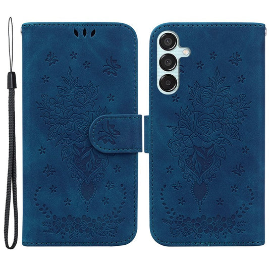 For Samsung Galaxy M15 5G / F15 5G Case Butterfly Flower Pattern Flip Leather Phone Cover - Blue