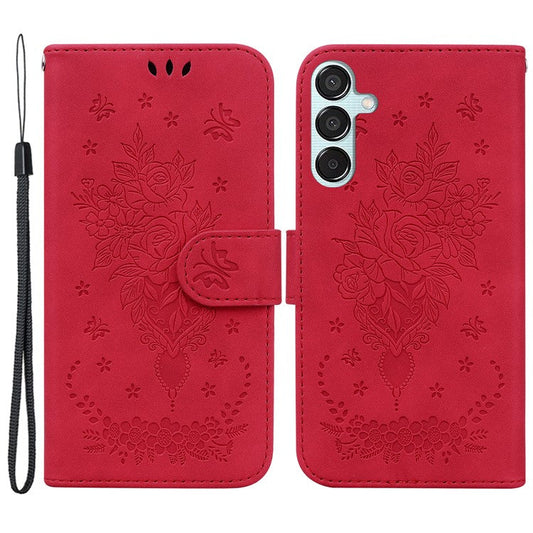 For Samsung Galaxy M15 5G / F15 5G Case Butterfly Flower Pattern Flip Leather Phone Cover - Red