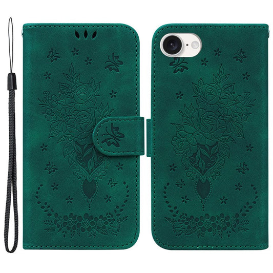 For iPhone 16e Wallet Phone Cases Wholesale Flower Imprint PU Leather Cover - Green
