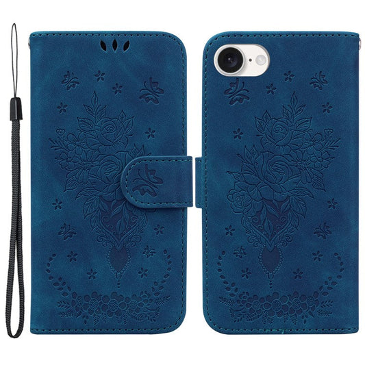 For iPhone 16e Wallet Phone Cases Wholesale Flower Imprint PU Leather Cover - Blue