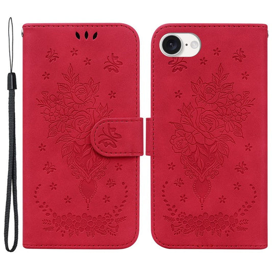For iPhone 16e Wallet Phone Cases Wholesale Flower Imprint PU Leather Cover - Red