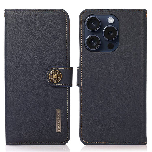 KHAZNEH For iPhone 16 Pro Case RFID Blocking Genuine Cow Leather Viewing Stand Cover - Blue