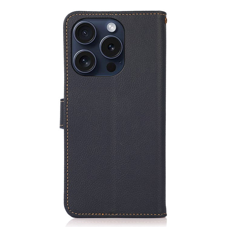 KHAZNEH For iPhone 16 Pro Case RFID Blocking Genuine Cow Leather Viewing Stand Cover - Blue